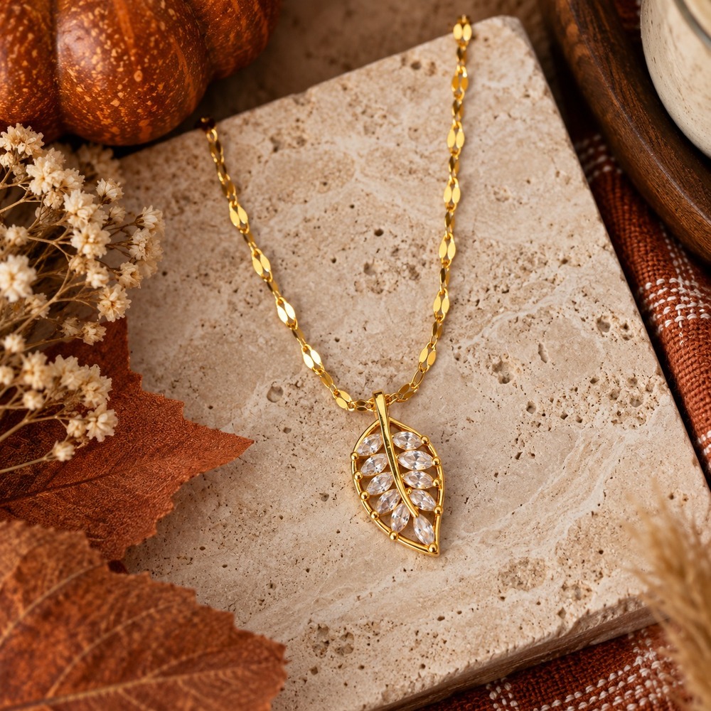 Clear CZ Leaf Necklace 18K Gold Plated Dapped Chain Nature Jewelry 18"